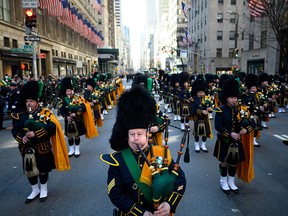 Bagpipers march on 5th Avenue during the annual New York City St. Patrick's Day Parade on March 16, 2019. (JOHANNES EISELE/AFP/Getty Images)