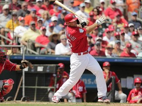 Cardinals' Paul Goldschmidt hits a double in the third inning during a spring training game against the Nationals on March 11, 2019, in Jupiter, Fla.