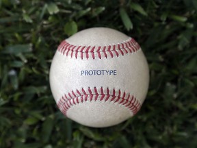 Major League Baseball's new prototype baseball is shown Wednesday, March 20, 2019, in Clearwater, Fla.