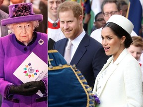 The Queen, left, and the Duke and Duchess of Sussex, Prince Harry and Meghan Markle. (Getty Images file photos)