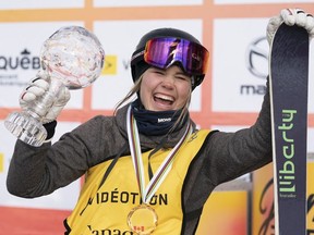 Elena Gaskell, of Vernon B.C., reacts to her winning of the FIS Crystal Globe for season, at the FIS Freestyle world cup big air freeski event, Saturday, March 16, 2019 in Quebec City.