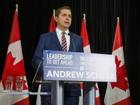 Andrew Scheer, leader of the Conservative Party of Canada, speaks during a press conference at the Sheraton Gateway Hotel at Pearson Airport in Toronto Thursday, March 7, 2019. (Ernest Doroszuk/Toronto Sun)