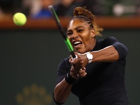 Serena Williams of the United States plays a backhand against Victoria Azarenka of Belarus during their women's singles second round match on day five of the BNP Paribas Open at the Indian Wells Tennis Garden on March 8, 2019 in Indian Wells, Calif.