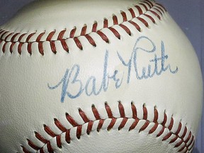 Babe Ruth's autograph is seen on a baseball that he signed in 1948, Wednesday, July 9, 2014, in Baltimore. (AP Photo/Patrick Semansky)
