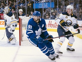 Toronto Maple Leafs centre John Tavares looks on during second period NHL action against the Buffalo Sabres, in Toronto on Saturday, March 2, 2019.