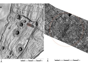 These handout picture released on March 25, 2019, by Vestfold Fylkeskommune show an image generated from a georadar, showing a ship's grave that is probably originated from the Viking Age, on a plain among the burial mounds in Borreparken in Vestfold, eastern Norway.