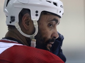 Dustin Byfuglien was back in a full-contact jersey during Winnipeg Jets practice at Bell MTS iceplex in Winnipeg on Mon., Feb. 4, 2019. Kevin King/Winnipeg Sun/Postmedia Network