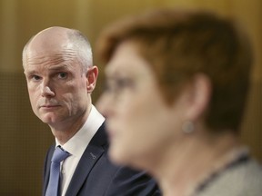 Netherlands' Minister of Foreign Affairs, Stef Blok, left, listens as Australian Minister for Foreign Affairs, Marise Payne talks during a press conference in Sydney, Australia, Wednesday, March 27, 2019.