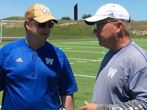 Blue Bombers assistant general managers Danny McManus (right) and Ted Goveia at a tryout camp in Bradenton, Fla., Tuesday.