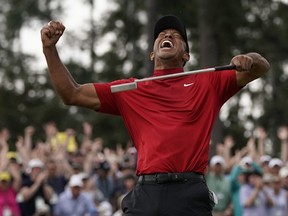 Tiger Woods reacts as he wins the Masters golf tournament Sunday, April 14, 2019, in Augusta, Ga. (AP Photo/David J. Phillip)