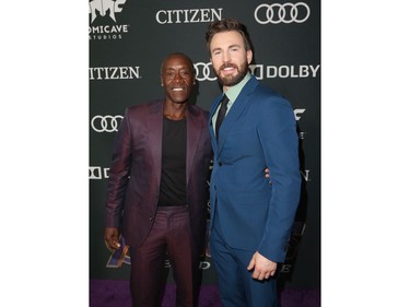(L-R) Don Cheadle and Chris Evans attend the world premiere of Marvel Studios' "Avengers: Endgame" at the Los Angeles Convention Center on April 22, 2019 in Los Angeles.