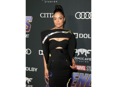 Tessa Thompson attends the world premiere of Marvel Studios' "Avengers: Endgame" at the Los Angeles Convention Center on April 22, 2019 in Los Angeles.
