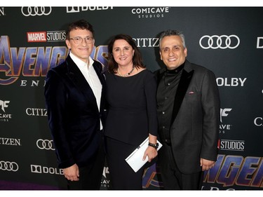 (L-R) Director Anthony Russo, executive producer Victoria Alonso, and director Joe Russo attend the world premiere of Marvel Studios' "Avengers: Endgame" at the Los Angeles Convention Center on April 23, 2019 in Los Angeles.