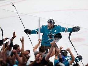 SAN JOSE, CA - APRIL 23: Joe Thornton #19 of the San Jose Sharks celebrates after a win in overtime against the Vegas Golden Knights in Game Seven of the Western Conference First Round during the 2019 NHL Stanley Cup Playoffs at SAP Center on April 23, 2019 in San Jose, California.
