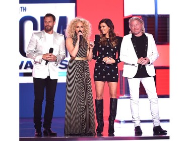 (L-R) Jimi Westbrook, Kimberly Schlapman, Karen Fairchild, and Philip Sweet of Little Big Town speak onstage during the 54th Academy Of Country Music Awards at MGM Grand Garden Arena on April 7, 2019 in Las Vegas.