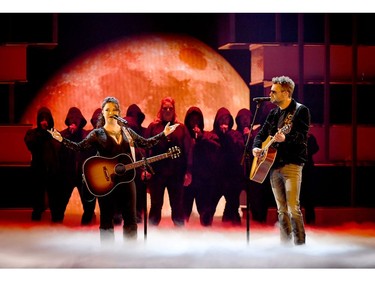 Ashley McBryde (L) and Eric Church perform onstage during the 54th Academy Of Country Music Awards at MGM Grand Garden Arena on April 7, 2019 in Las Vegas.