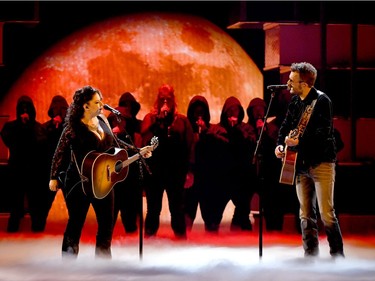 (L-R) Ashley McBryde and Eric Church perform onstage during the 54th Academy Of Country Music Awards at MGM Grand Garden Arena on April 7, 2019 in Las Vegas.
