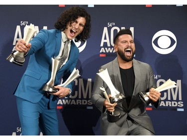 Duo of the Year award winners Dan + Shay pose in the press room during the 54th Academy Of Country Music Awards at MGM Grand Hotel & Casino on April 7, 2019 in Las Vegas.
