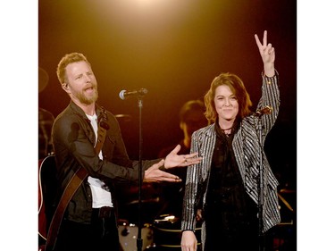 (L-R) Dierks Bentley and Brandi Carlile perform onstage during the 54th Academy Of Country Music Awards at MGM Grand Garden Arena on April 7, 2019 in Las Vegas.