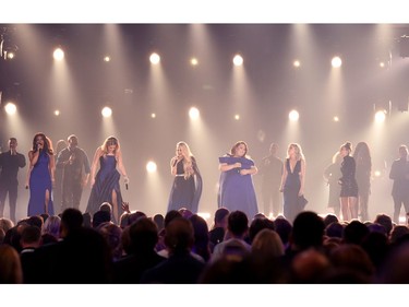 (L-R) Mickey Guyton, Lauren Alaina, Carrie Underwood, Chrissy Metz, and Maddie Marlow and Tae Dye of Maddie & Tae perform onstage during the 54th Academy Of Country Music Awards at MGM Grand Garden Arena on April 7, 2019 in Las Vegas.
