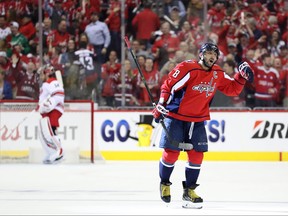 Washington Capitals Alex Ovechkincelebrates after scoring a first period goal against the Carolina Hurricanes in Game One of the Eastern Conference First Round during the 2019 NHL Stanley Cup Playoffs at Capital One Arena on April 11, 2019 in Washington, D.C. (Rob Carr/Getty Images)