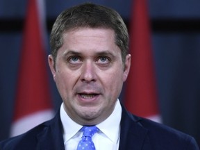 Conservative Leader Andrew Scheer speaks during a press conference on April 7, 2019.