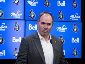 Ottawa Senators general manager Pierre Dorion addresses the media at an end of season news conference at Canadian Tire Centre on Tuesday.