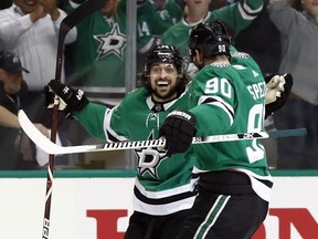 Dallas Stars' Mats Zuccarello (left) and Jason Spezza celebrate a goal earlier in the playoffs. (AP PHOTO)