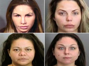 (From top left clockwise) Jodi Leigh Hoskins, 43, Torri Ti Wilkinson, 37, Andrea Smith Tizzano, 30, and  Aisha Kaluhiokalani, 39, have been charged for their alleged roles in a prostitution ring.