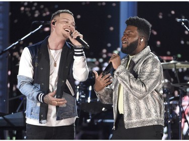 Kane Brown, left, and Khalid perform a medley at the 54th annual Academy of Country Music Awards at the MGM Grand Garden Arena on Sunday, April 7, 2019, in Las Vegas.