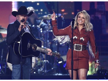 George Strait, left, and Miranda Lambert perform "Run" at the 54th annual Academy of Country Music Awards at the MGM Grand Garden Arena on Sunday, April 7, 2019, in Las Vegas.