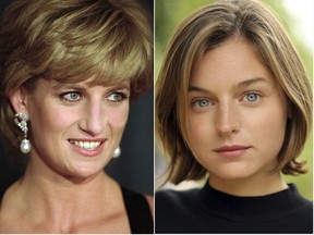 This combination photo shows Diana, Princess of Wales, at the United Cerebral Palsy's annual dinner in New York on Dec. 11, 1995, left, and actress Emma Corrin, who has been cast to portray Lady Diana Spencer in season four of the Netflix series "The Crown." (AP Photo, left, and Faye Thomas/Netflix via AP)
