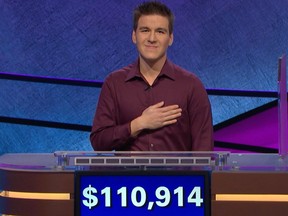 This image made from video aired on "Jeopardy!" on Tuesday, April 9. 2019, and provided by Jeopardy Productions, Inc. shows James Holzhauer. (Jeopardy Productions, Inc. via AP)