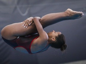 Canada's Jennifer Abel competes during the women's 3-metre open finals event at the FINA Diving Grand Prix in Calgary, Saturday, April 6, 2019.