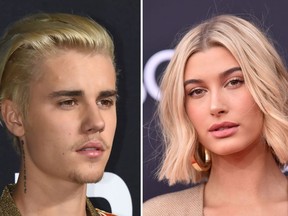 These two file photos show singer Justin Bieber (L) on February 10, 2016 attending the Yves Saint Laurent men's fall line at the Hollywood Palladium in Hollywood, California; and TV personality-model Hailey Baldwin (R) on May 20, 2018 at the 2018 Billboard Music Awards at the MGM Grand Resort International in Las Vegas, Nevada.