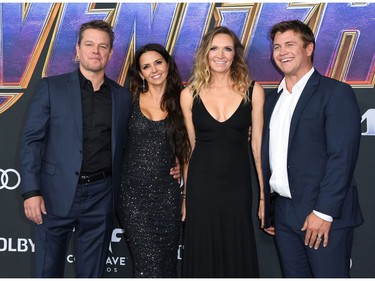 (L-R) Actor Matt Damon, his wife Luciana Barroso, Samantha Hemsworth and her husband actor Luke Hemsworth arrive for the World premiere of Marvel Studios' "Avengers: Endgame" at the Los Angeles Convention Center on April 22, 2019 in Los Angeles.