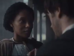 A black women is portrayed eloping with a white man before slavery was abolished in the U.S. South in an advertisement for Ancestry. (Twitter screengrab)