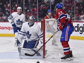 Maple Leafs netminder Frederik Andersen reacts after allowing a goal by Jordan Weal of the Canadiens on Saturday night in Montreal.