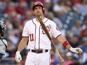Washington Nationals' Ryan Zimmerman throws his bat after he struck out swinging during the sixth inning of a baseball game against the San Diego Padres, Saturday, April 27, 2019, in Washington.