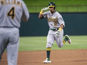 Oakland Athletics' Khris Davis (2) salutes third base coach Matt Williams (4) after hitting a solo home run Friday, April 12, 2019, in Arlington, Texas.