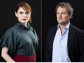 This March 19, 2019 combination photo shows Amy Seimetz , left, and Jason Clarke posing for a portrait to promote their film "Pet Sematary" at the Four Seasons Hotel in Los Angeles. (Rebecca Cabage/Invision/AP)