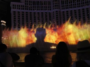 The Night King is projected during a "Game of Thrones"-themed show at the fountains at the Bellagio casino-resort, Sunday, March 31, 2019, in Las Vegas. (AP Photo/John Locher)