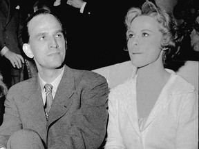 Swedish actress Bibi Andersson (R) is seen with legendary director Ingmar Bergman (2ndR) shown in a photo dated  April 22, 1959 during a press conference in Paris.