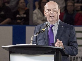 Broadcaster Bob Cole speaks as part of "Thank You, Mr. Hockey Day" remembering Gordie Howe in Saskatoon, Sunday, September 25, 2016. (THE CANADIAN PRESS/Liam Richards)