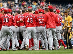 Benches clear after Chris Archer of the Pittsburgh Pirates throws behind Derek Dietrich of the Cincinnati Reds in the fourth inning during the game at PNC Park on April 7, 2019 in Pittsburgh, Pa.