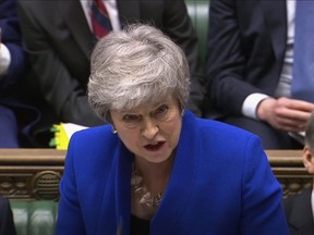 In this grab taken from video, Britain's Prime Minister Theresa May speaks during Prime Minister's Questions in the House of Commons, London, Wednesday April 10, 2019.