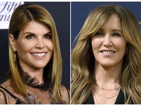 This combination photo shows actress Lori Loughlin at the Women's Cancer Research Fund's An Unforgettable Evening event in Beverly Hills, Calif., on Feb. 27, 2018, left, and actress Felicity Huffman at the 70th Primetime Emmy Awards in Los Angeles on Sept. 17, 2018. (AP Photo, File)