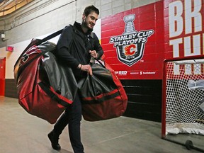 Calgary Flames goaltender David Rittich walks out of the Scotiabank Saddledome after the team cleaned out their lockers on Monday April 22, 2019.