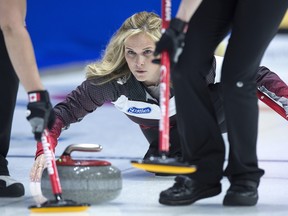 Team Canada skip Jennifer Jones releases a rock as they play Newfoundland and Labrador at the Scotties Tournament of Hearts at Centre 200 in Sydney, N.S. on Feb. 20, 2019.