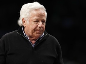 In this April 10, 2019, file photo, New England Patriots owner Robert Kraft leaves his seat during an NBA basketball game between the Brooklyn Nets and the Miami Heat, in New York. (AP Photo/Kathy Willens, File)